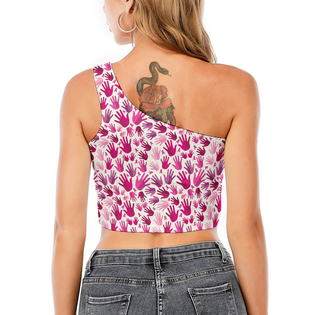 Pink Hand Breast Cancer Pattern Print One Shoulder Crop Top