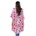 Pink Hand Breast Cancer Pattern Print Open Front Beach Cover Up