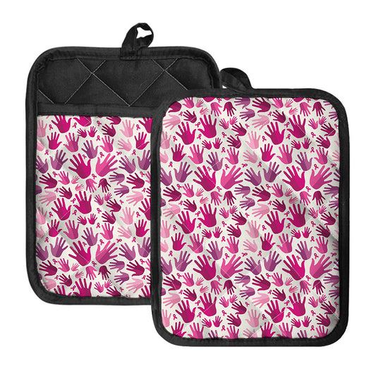 Pink Hand Breast Cancer Pattern Print Pot Holders With Pocket