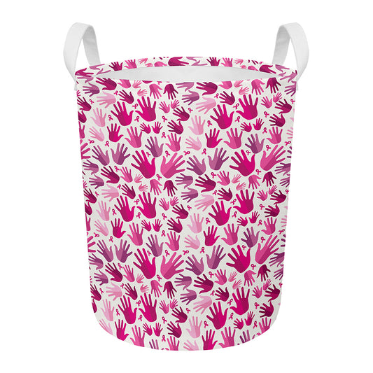 Pink Hand Breast Cancer Pattern Print Round Laundry Basket