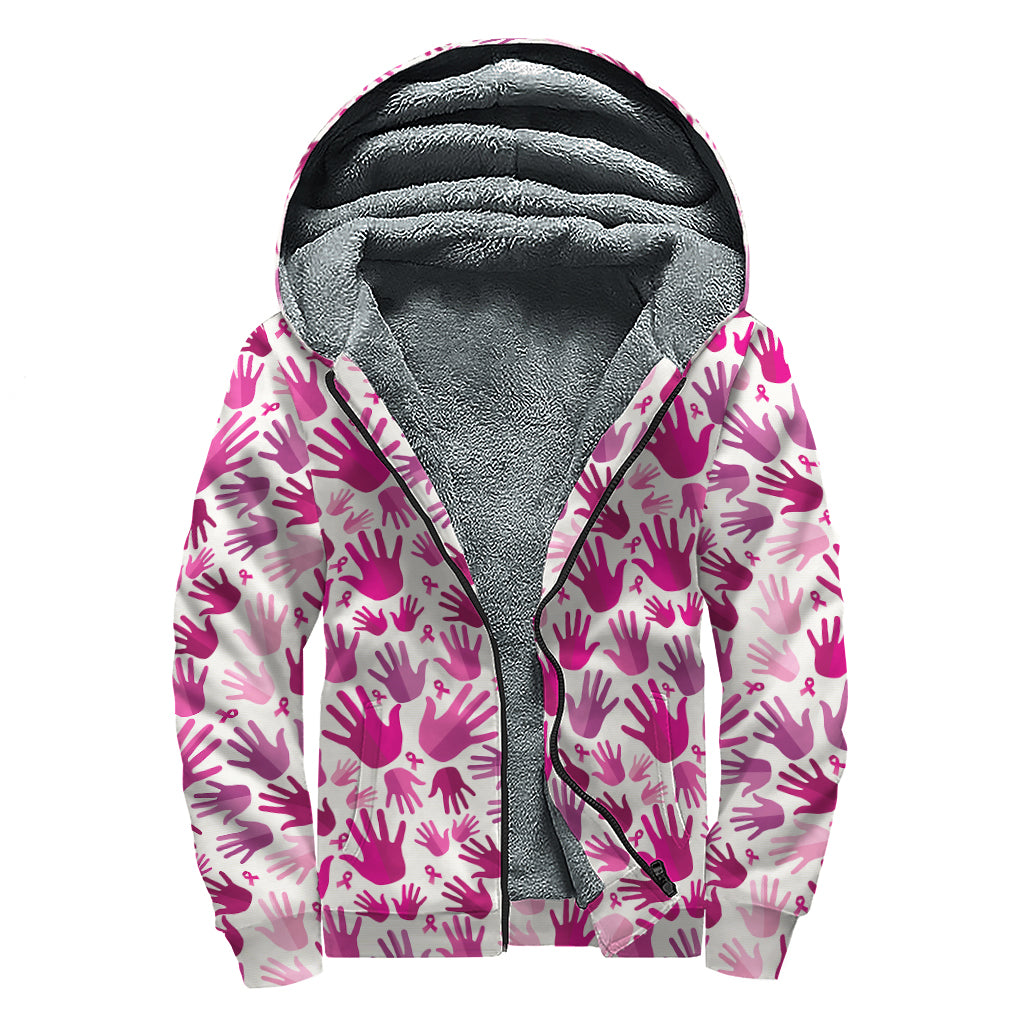 Pink Hand Breast Cancer Pattern Print Sherpa Lined Zip Up Hoodie