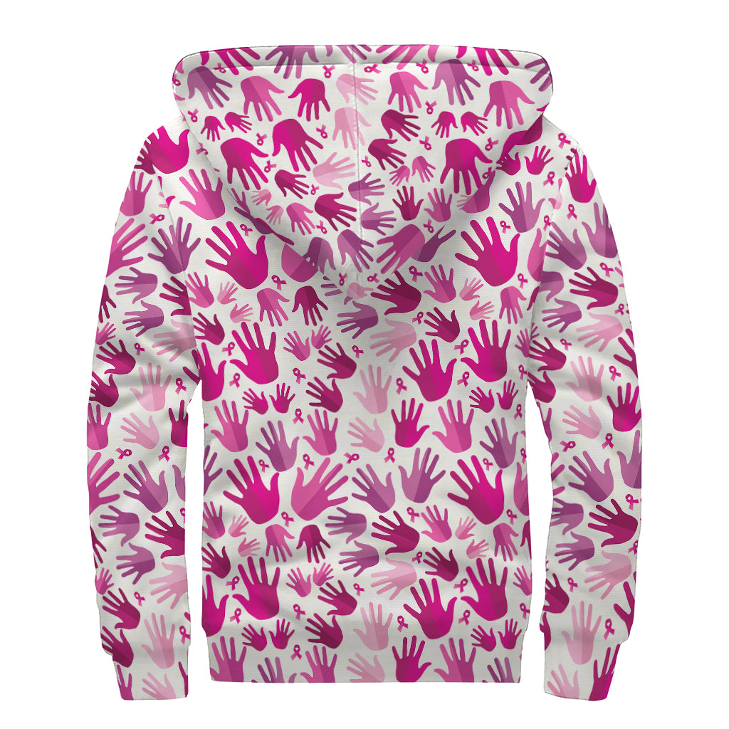 Pink Hand Breast Cancer Pattern Print Sherpa Lined Zip Up Hoodie
