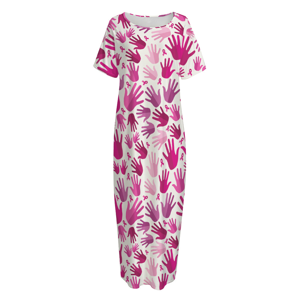 Pink Hand Breast Cancer Pattern Print Short Sleeve Long Nightdress