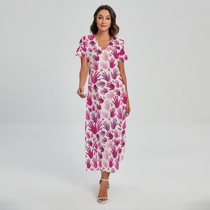 Pink Hand Breast Cancer Pattern Print Short Sleeve Maxi Dress