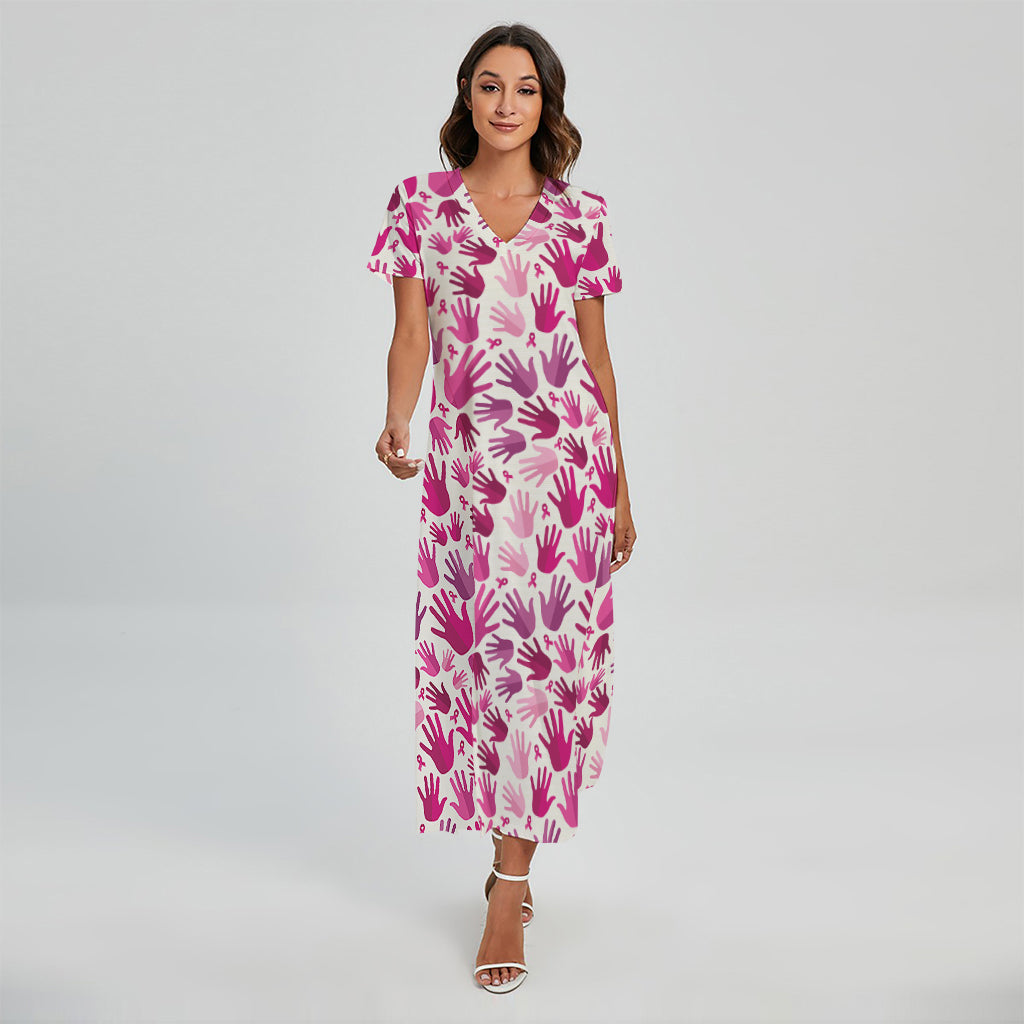 Pink Hand Breast Cancer Pattern Print Short Sleeve Maxi Dress