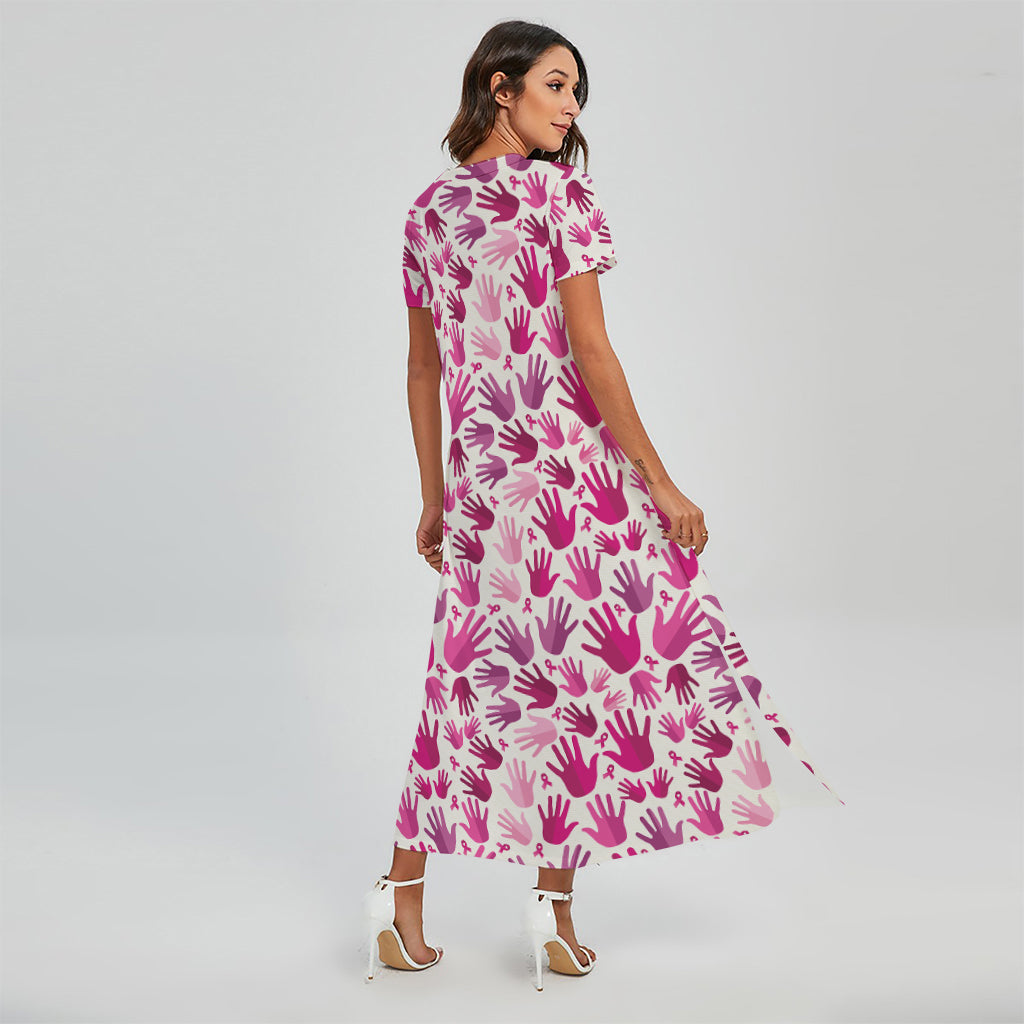 Pink Hand Breast Cancer Pattern Print Short Sleeve Maxi Dress