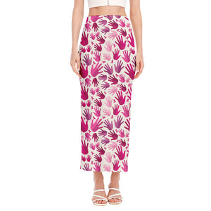 Pink Hand Breast Cancer Pattern Print Side Slit Maxi Skirt