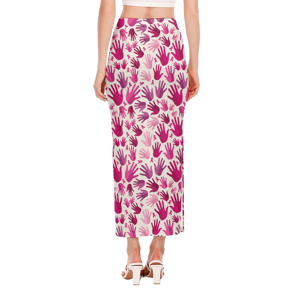 Pink Hand Breast Cancer Pattern Print Side Slit Maxi Skirt