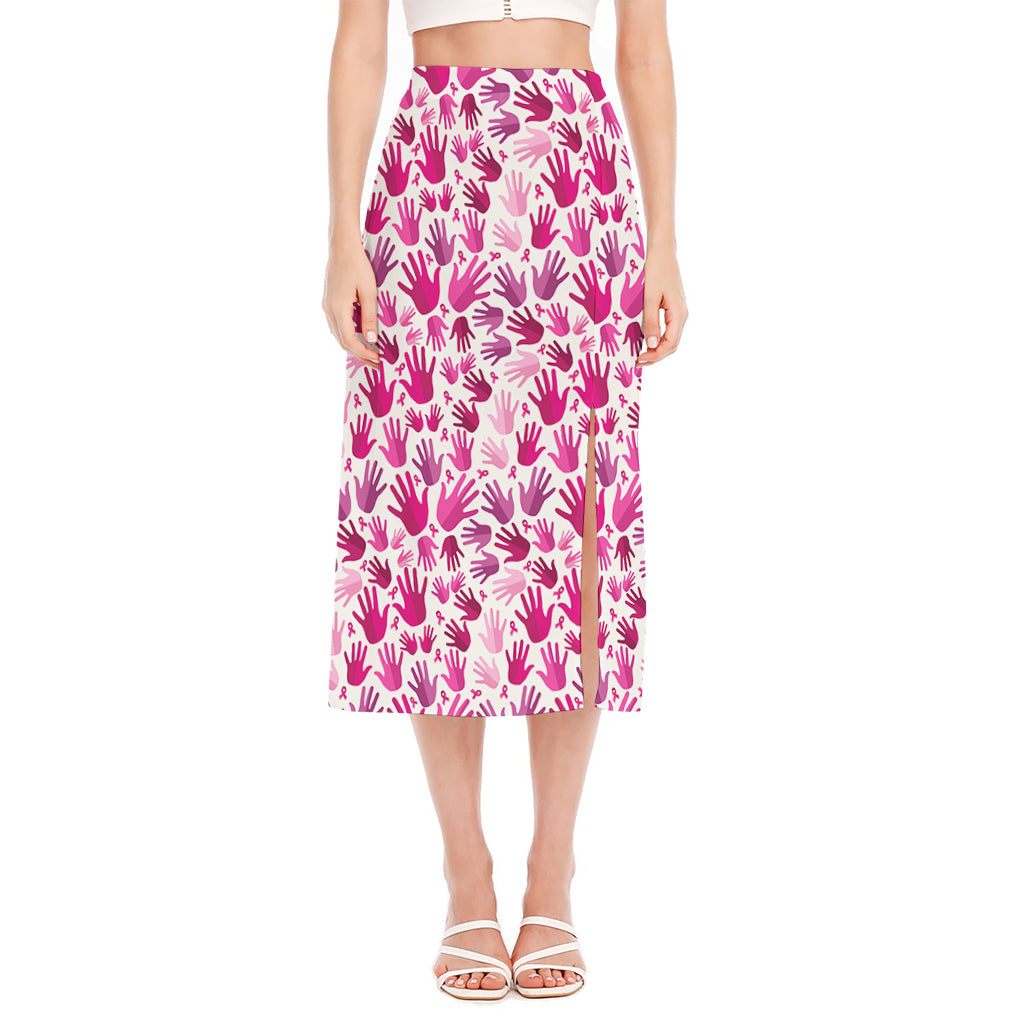 Pink Hand Breast Cancer Pattern Print Side Slit Midi Skirt