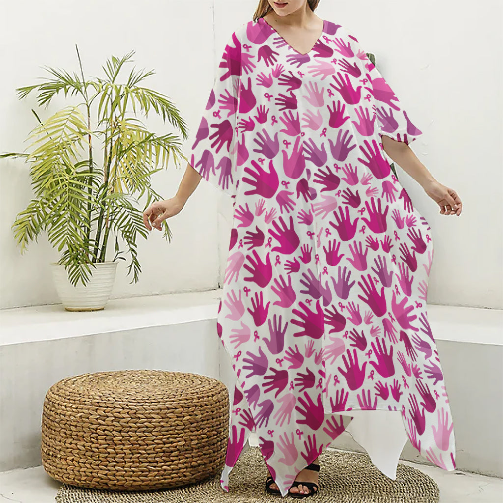 Pink Hand Breast Cancer Pattern Print Silk V-Neck Kaftan Dress