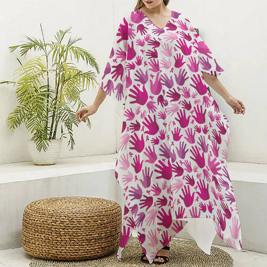 Pink Hand Breast Cancer Pattern Print Silk V-Neck Kaftan Dress