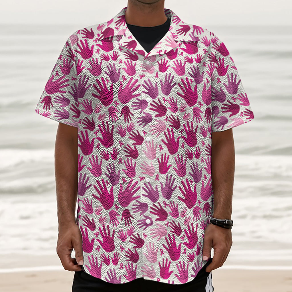 Pink Hand Breast Cancer Pattern Print Textured Short Sleeve Shirt