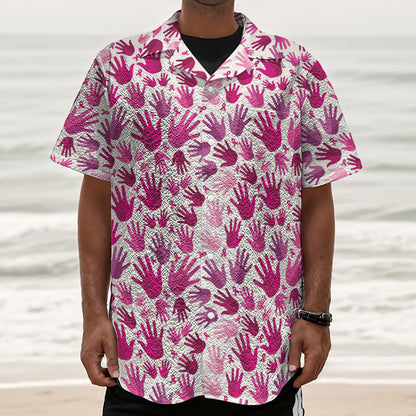 Pink Hand Breast Cancer Pattern Print Textured Short Sleeve Shirt