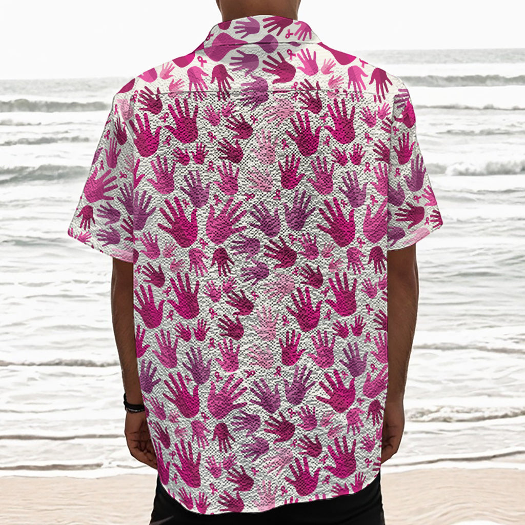 Pink Hand Breast Cancer Pattern Print Textured Short Sleeve Shirt