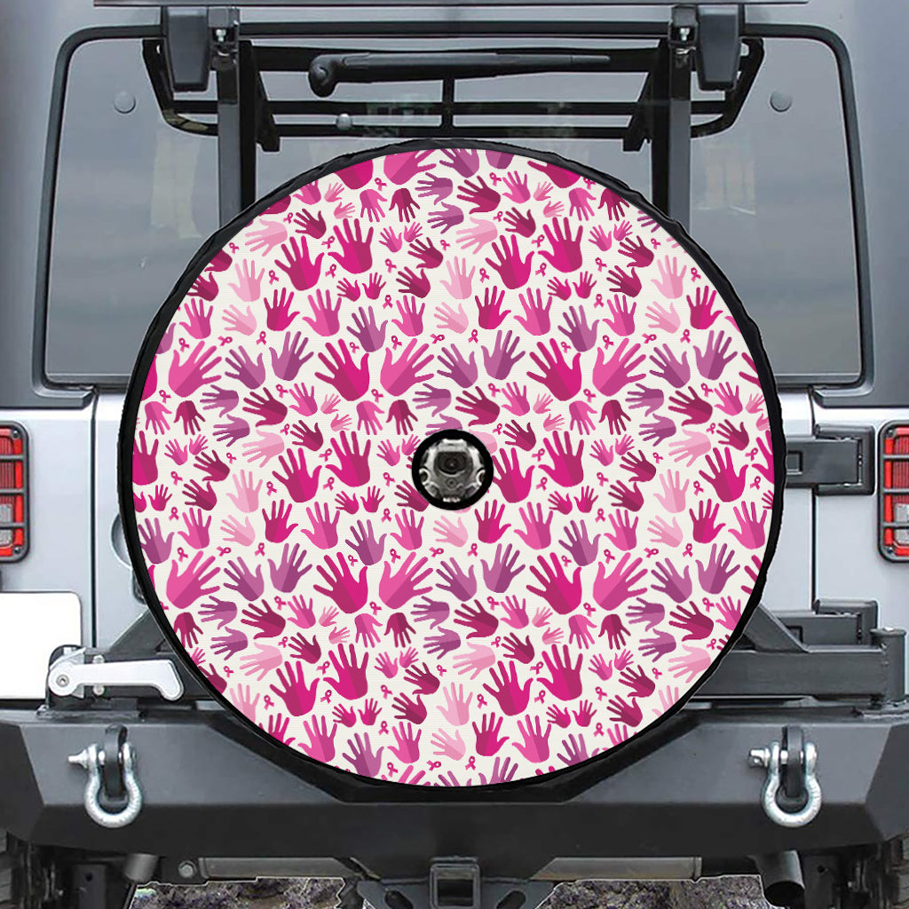 Pink Hand Breast Cancer Pattern Print Tire Cover With Camera Hole