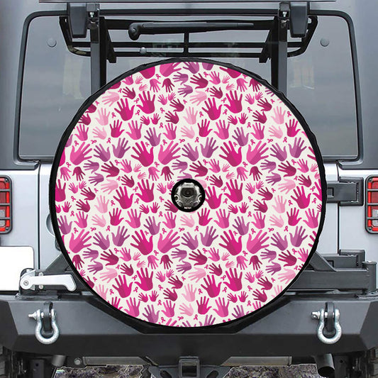 Pink Hand Breast Cancer Pattern Print Tire Cover With Camera Hole
