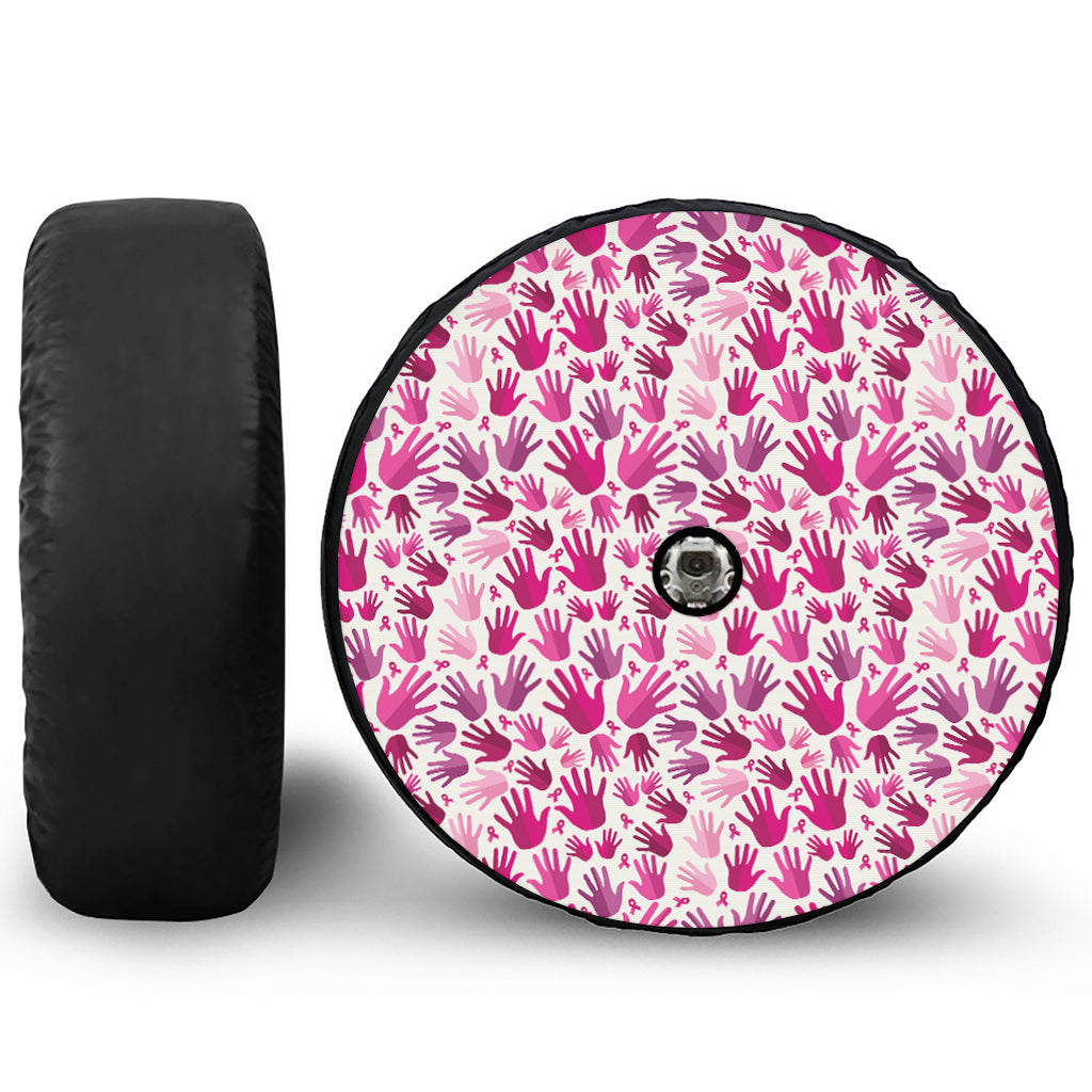 Pink Hand Breast Cancer Pattern Print Tire Cover With Camera Hole
