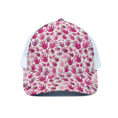 Pink Hand Breast Cancer Pattern Print White Mesh Trucker Cap