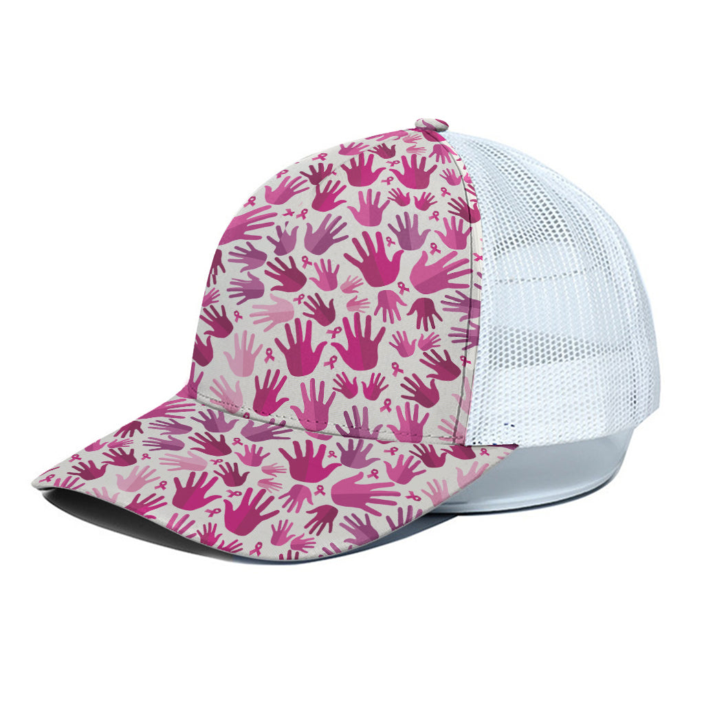 Pink Hand Breast Cancer Pattern Print White Mesh Trucker Cap