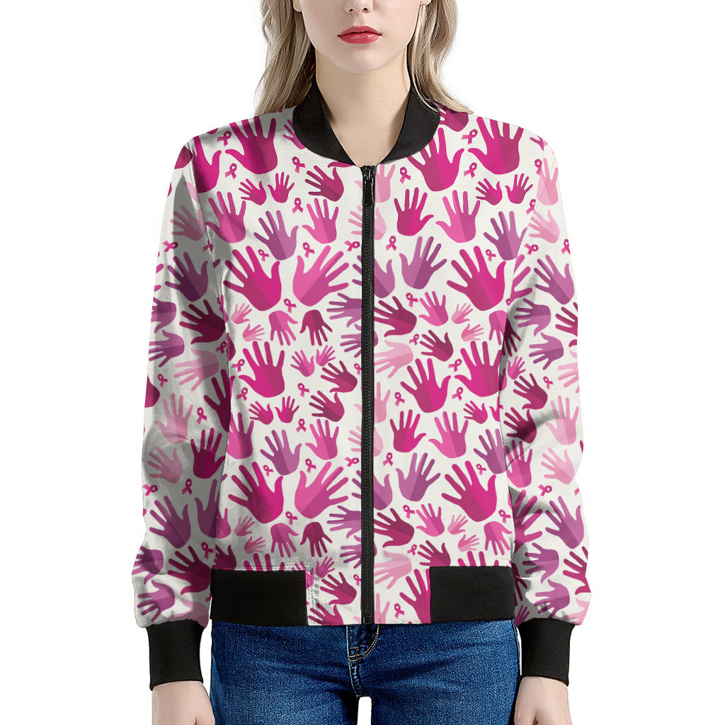 Pink Hand Breast Cancer Pattern Print Women's Bomber Jacket
