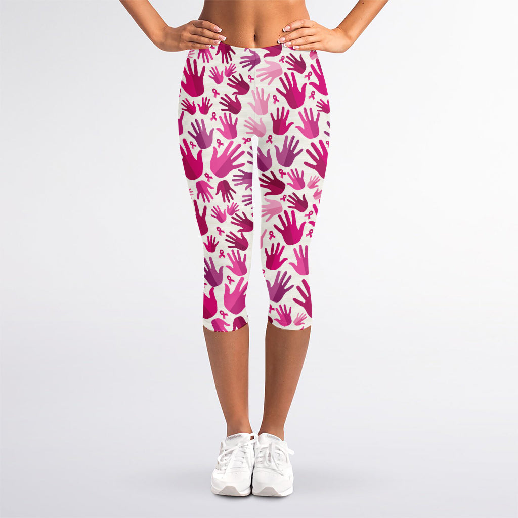Pink Hand Breast Cancer Pattern Print Women's Capri Leggings