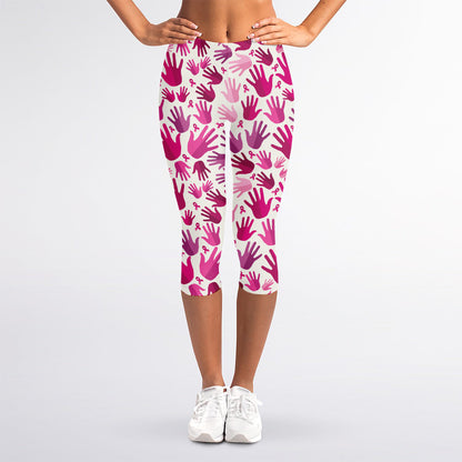 Pink Hand Breast Cancer Pattern Print Women's Capri Leggings