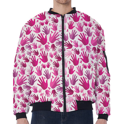 Pink Hand Breast Cancer Pattern Print Zip Sleeve Bomber Jacket