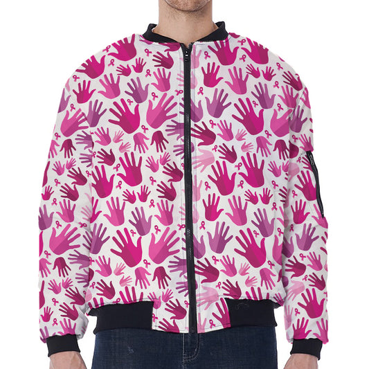 Pink Hand Breast Cancer Pattern Print Zip Sleeve Bomber Jacket