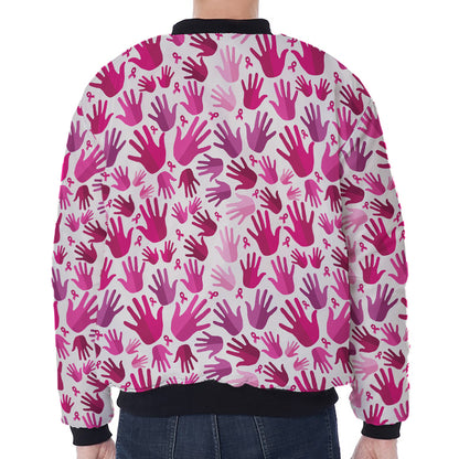 Pink Hand Breast Cancer Pattern Print Zip Sleeve Bomber Jacket