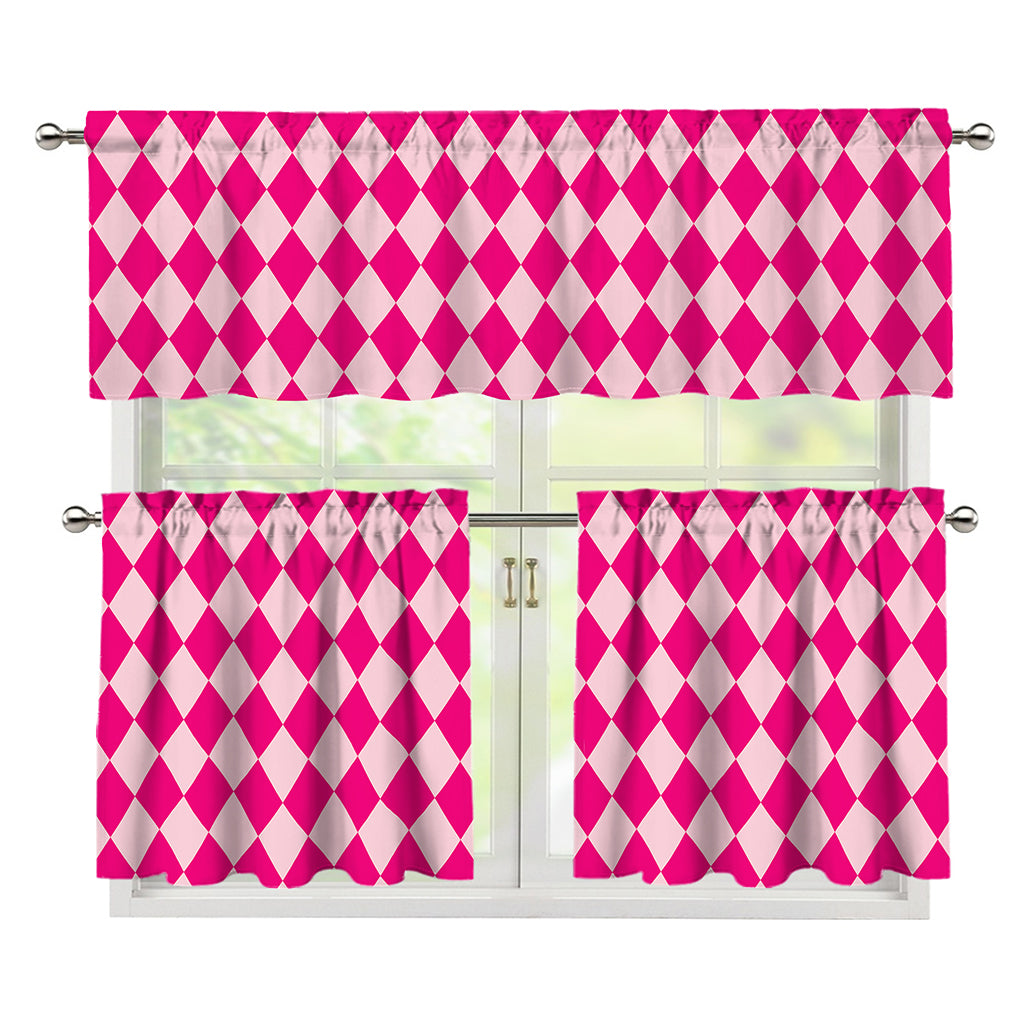 Pink Harlequin Pattern Print 3 Piece Kitchen Curtains