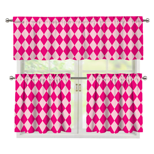 Pink Harlequin Pattern Print 3 Piece Kitchen Curtains