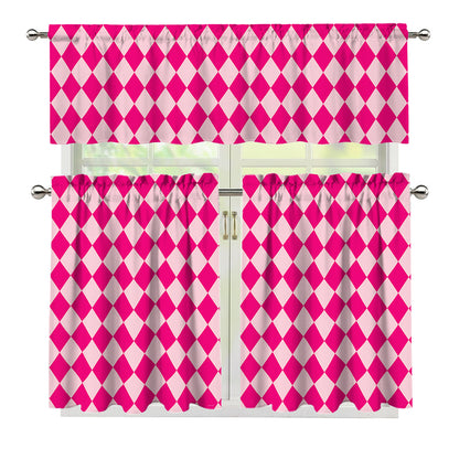 Pink Harlequin Pattern Print 3 Piece Kitchen Curtains