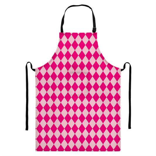 Pink Harlequin Pattern Print Bib Apron With Pocket