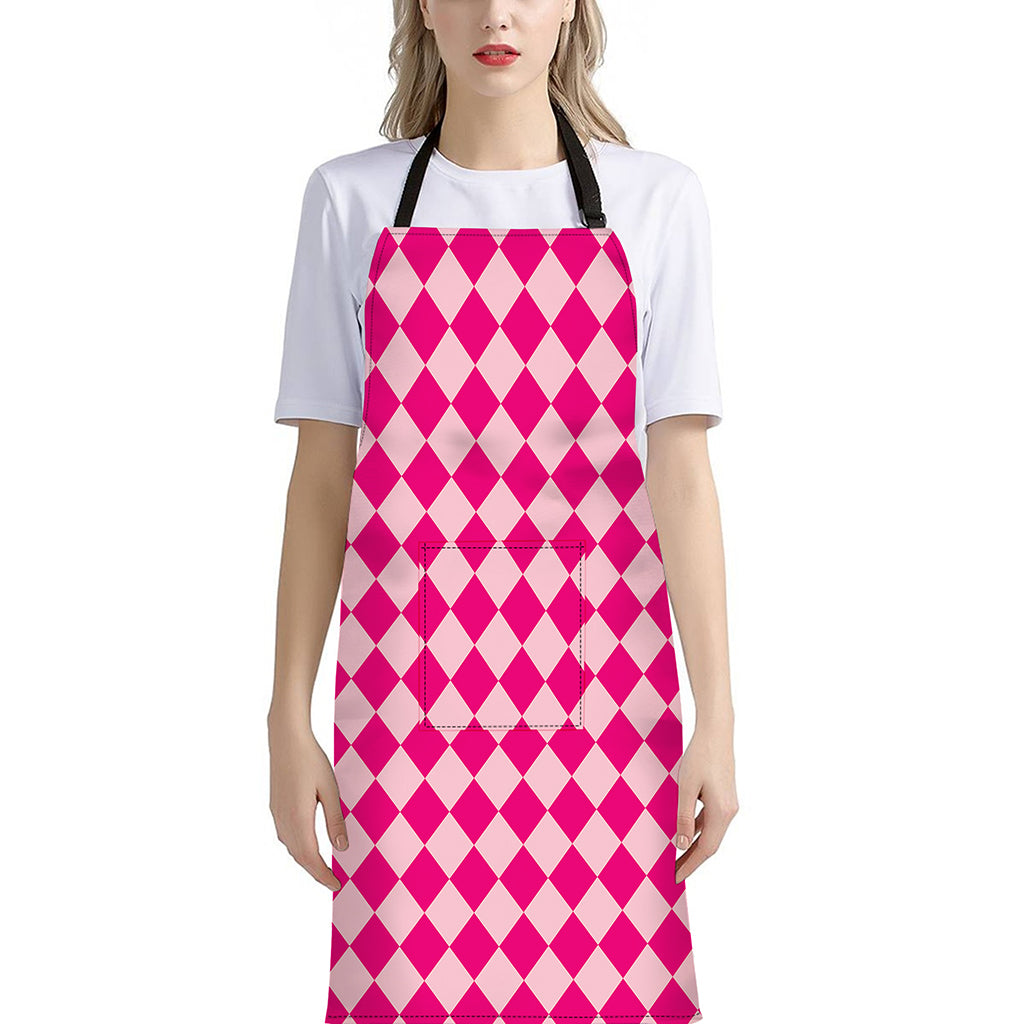 Pink Harlequin Pattern Print Bib Apron With Pocket