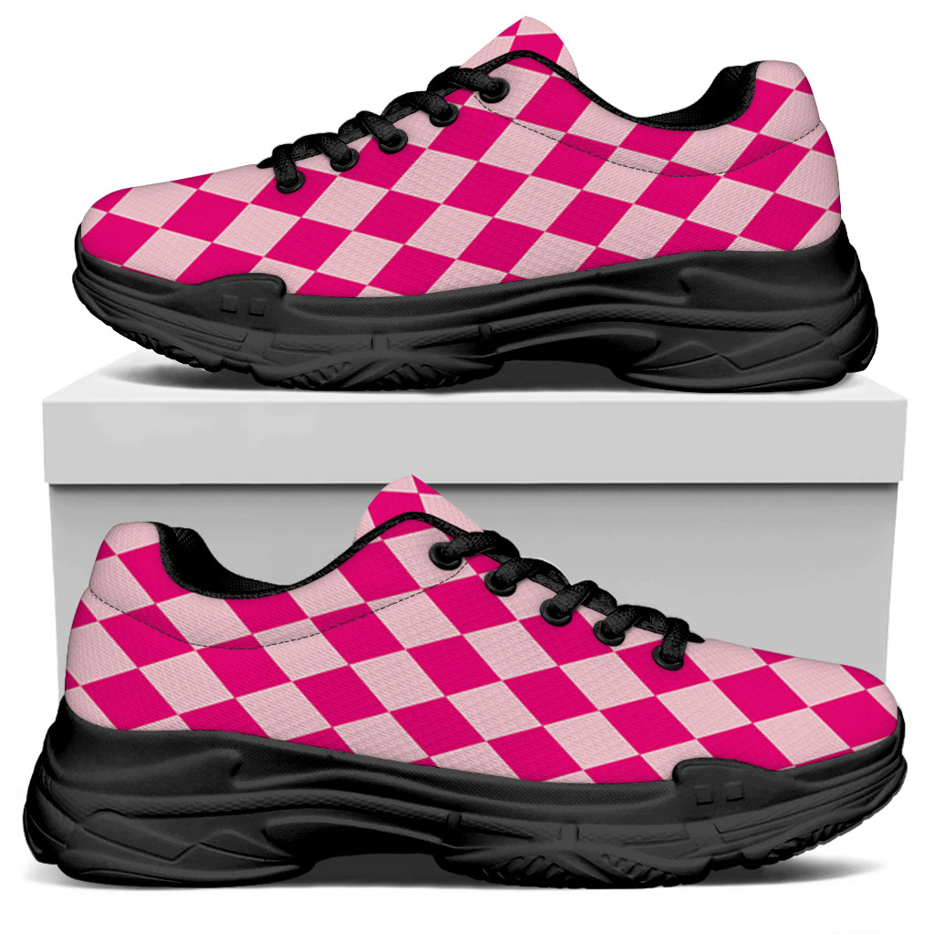 Pink Harlequin Pattern Print Black Chunky Shoes