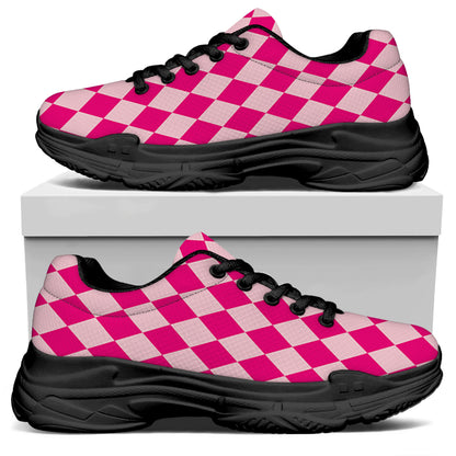 Pink Harlequin Pattern Print Black Chunky Shoes
