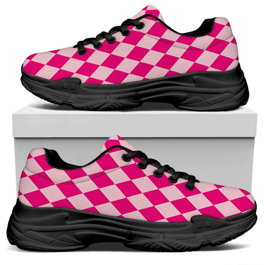 Pink Harlequin Pattern Print Black Chunky Shoes