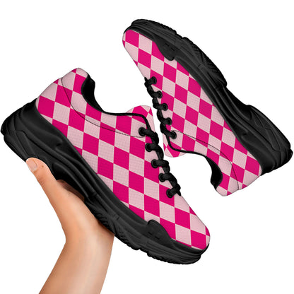 Pink Harlequin Pattern Print Black Chunky Shoes