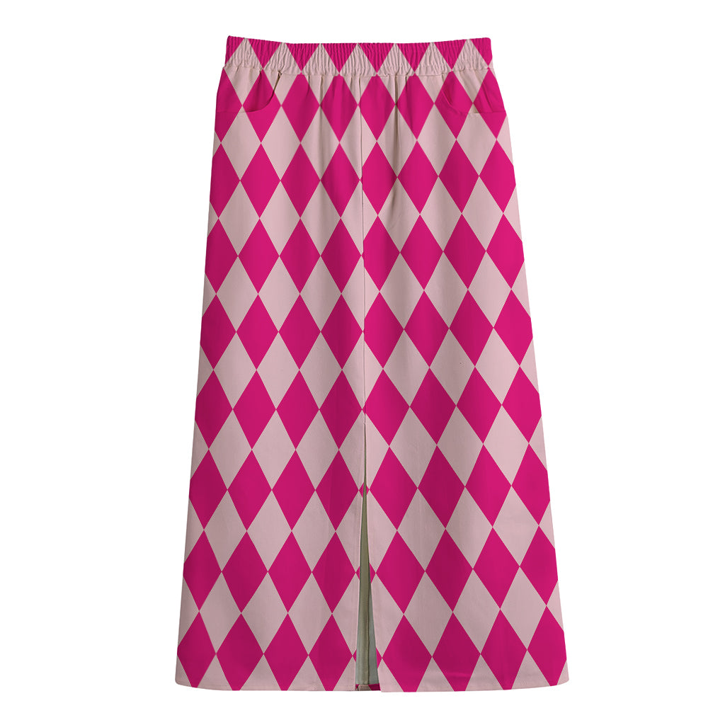 Pink Harlequin Pattern Print Cotton Front Slit Maxi Skirt