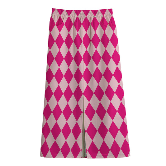Pink Harlequin Pattern Print Cotton Front Slit Maxi Skirt
