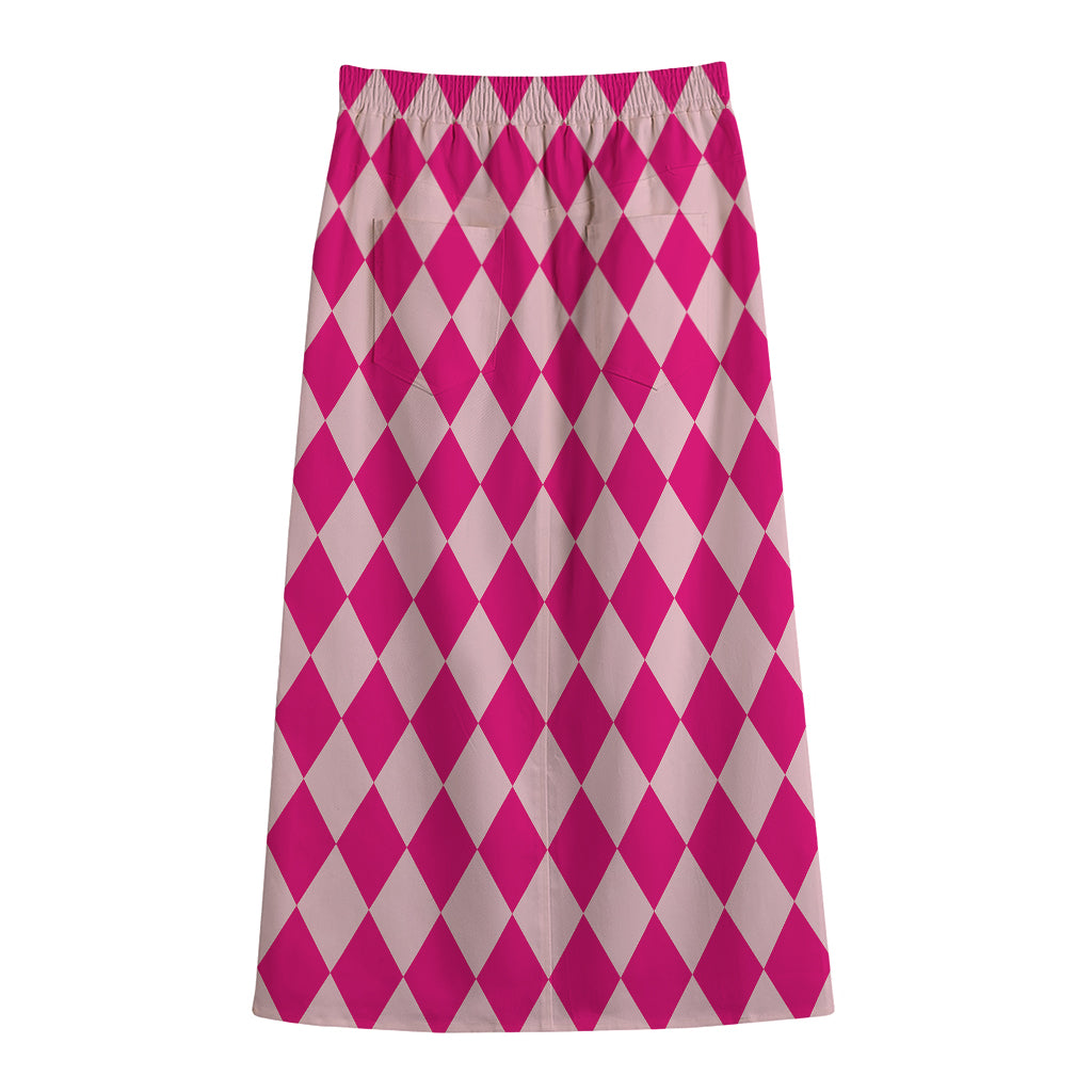 Pink Harlequin Pattern Print Cotton Front Slit Maxi Skirt