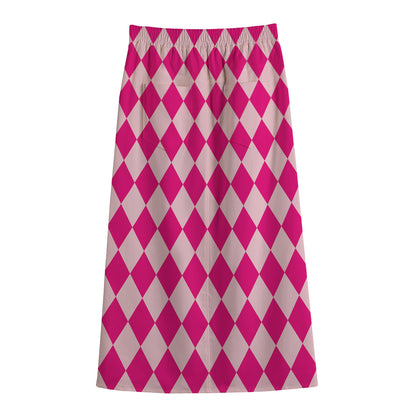 Pink Harlequin Pattern Print Cotton Front Slit Maxi Skirt