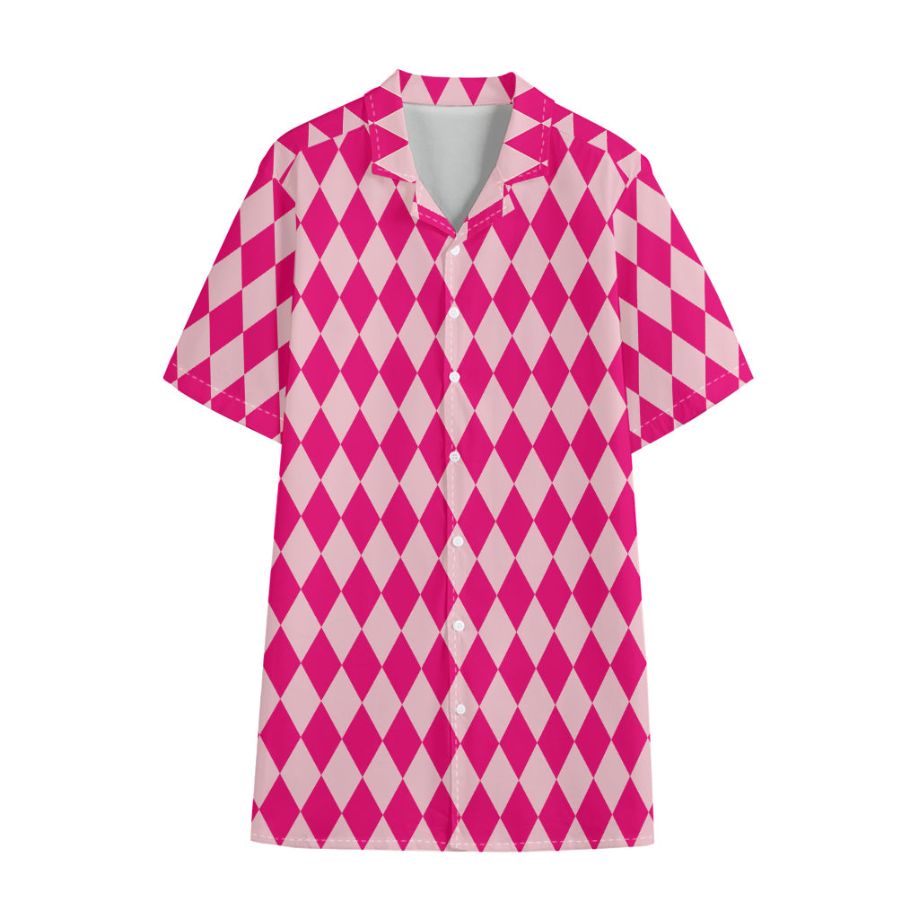 Pink Harlequin Pattern Print Cotton Hawaiian Shirt