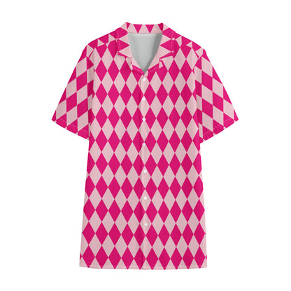 Pink Harlequin Pattern Print Cotton Hawaiian Shirt