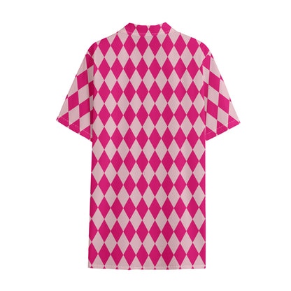 Pink Harlequin Pattern Print Cotton Hawaiian Shirt
