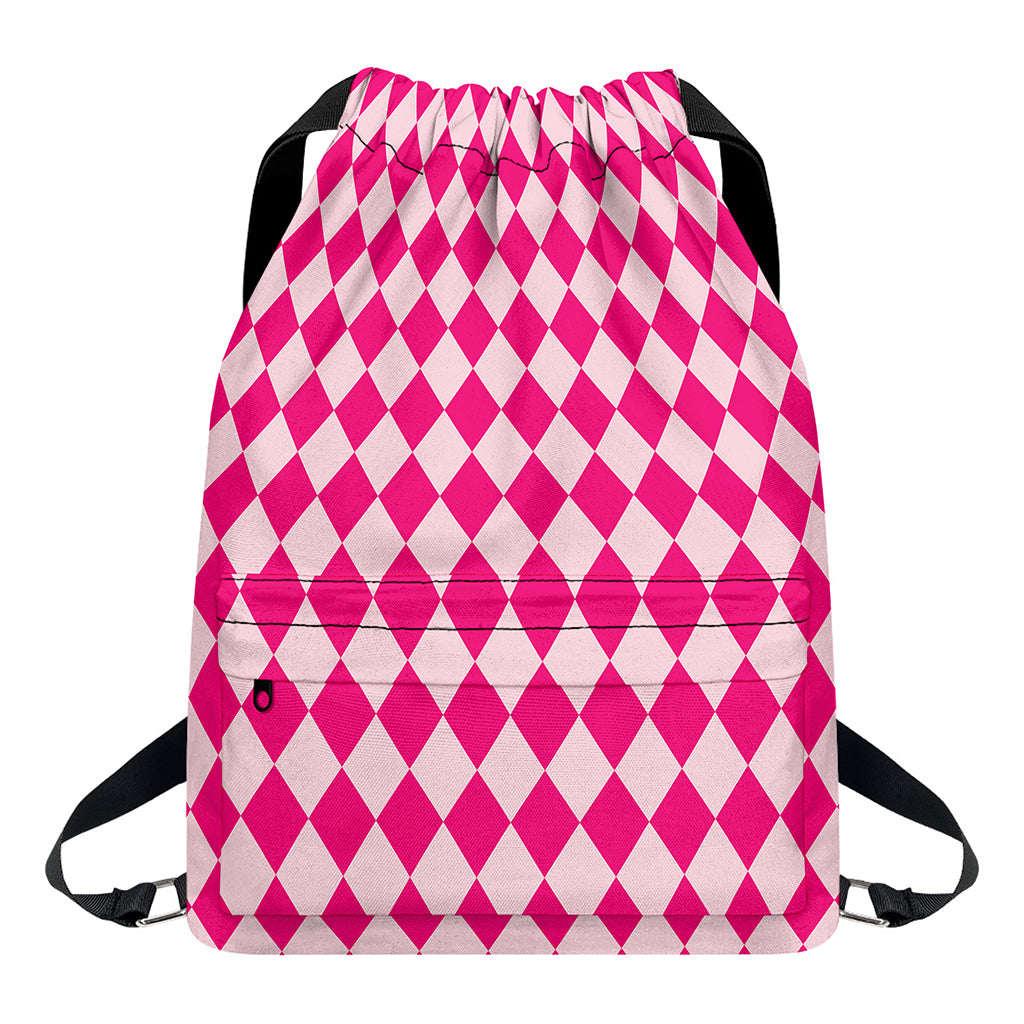 Pink Harlequin Pattern Print Drawstring Backpack