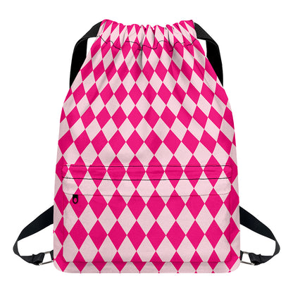 Pink Harlequin Pattern Print Drawstring Backpack