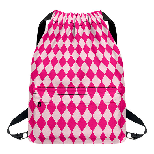 Pink Harlequin Pattern Print Drawstring Backpack