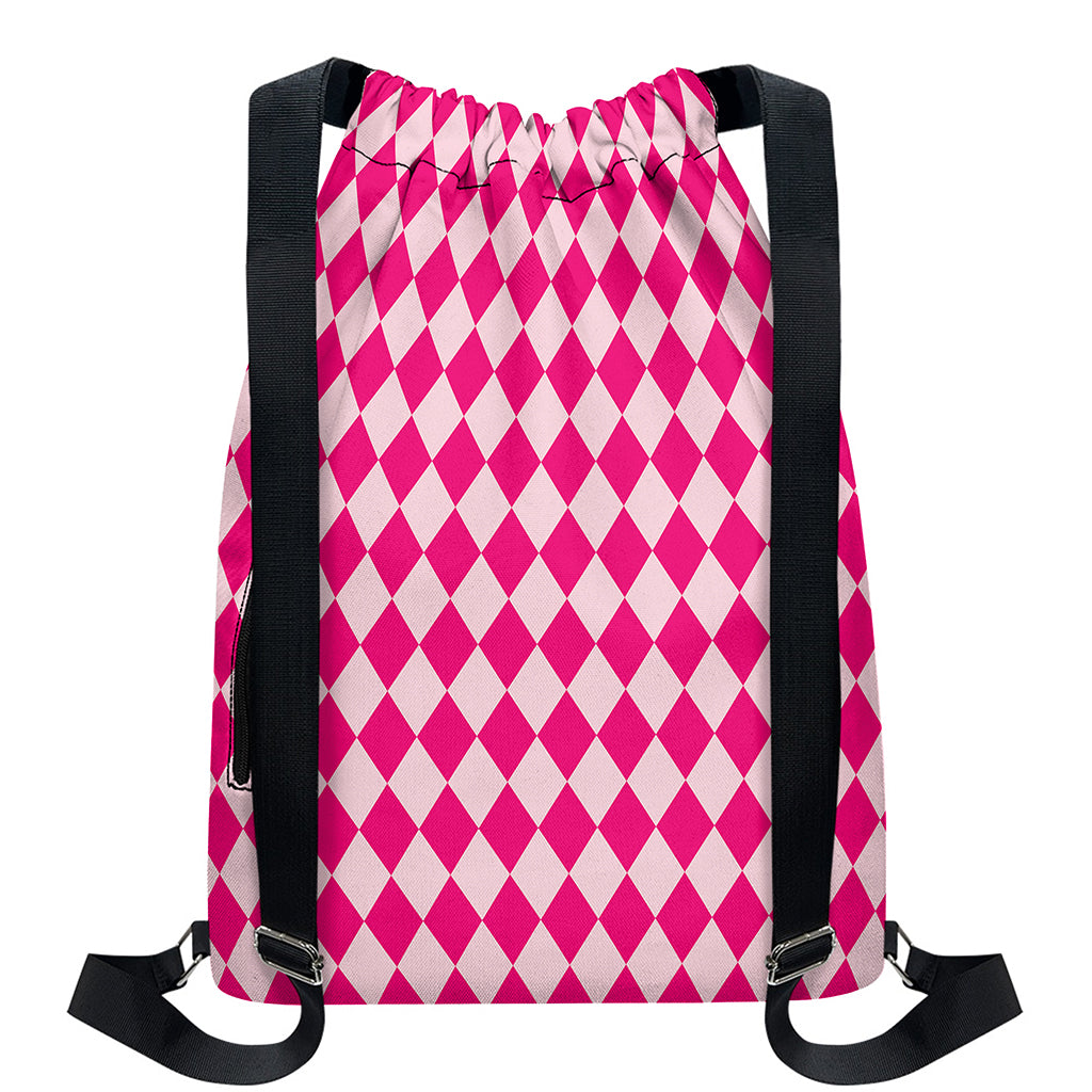 Pink Harlequin Pattern Print Drawstring Backpack