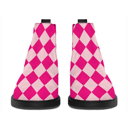 Pink Harlequin Pattern Print Flat Ankle Boots